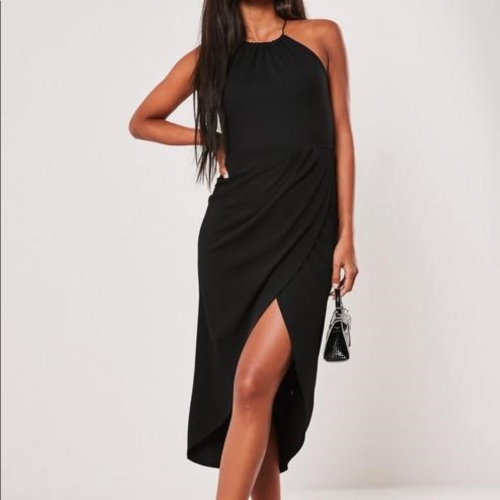 Missguided Black halterneck wrap bodycon dress